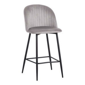 Barow bar stool pakoworld velvet in light grey shade with black metal legs 53x46.5x96.5