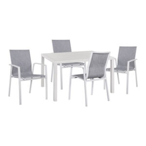 Set 5 pieces aluminum table & Aluminum armchairs white HM10595.01