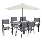 DINING SET WITH UMBRELLA 8 PCS GRAY TABLE 150X90 AND ARMCHAIR HM11533.10
