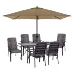 DINING SET 8PCS TABLE, GRAY ARMCHAIRS & MOCHA GRAY UMBRELLA HM11476