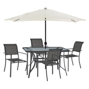 OUTDOOR DINING SET HM11821.10 6PCS METAL TABLE & ALUMINUM ARMCHAIRS TEXTLINE GREY & UMBRELLA BEIGE