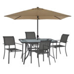 OUTDOOR DINING SET HM11821.02 6PCS TABLE 120X70 & ALUMINUM ARMCHAIRS TEXTLINE GREY & MOCHA UMBRELLA