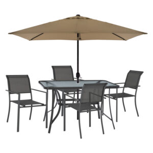 OUTDOOR DINING SET HM11821.02 6PCS TABLE 120X70 & ALUMINUM ARMCHAIRS TEXTLINE GREY & MOCHA UMBRELLA