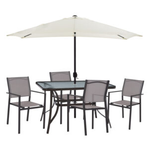 OUTDOOR DINING SET HM11801.10 6PCS METAL TABLE 120X70 & METAL ARMCHAIRS TEXTLINE GREY & UMBRELLA BEIGE
