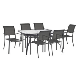 OUTDOOR DINING SET HM11819 7PCS METAL TABLE 160X90 & ALUMINUM ARMCHAIRS TEXTLINE GREY
