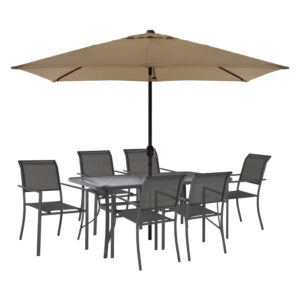 OUTDOOR DINING SET HM11817.02 8PCS METAL 150X90 & ALUMINUM ARMCHAIRS TEXTLINE GREY & MOCHA UMBRELLA