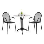 OUTDOOR DINING SET HM11881 3PCS ROUND TABLE WITH WHITE MARBLE-BLACK METAL ARMCHAIRS