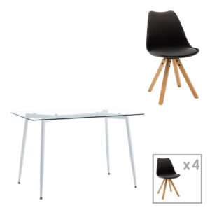 Dining table Quana-Caron set of 5 pakoworld glass and pp in black-natural shade 120x70x75cm