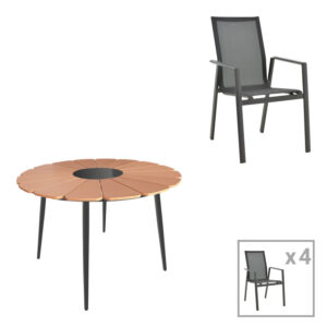Pinap-Dashiell dining table set of 5 pcs pakoworld black aluminum and plywood in natural shade Ö110x74cm