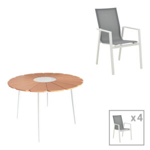 Pinap-Dashiell dining table set of 5 pcs pakoworld white aluminum and plywood in natural shade Ö110x74cm