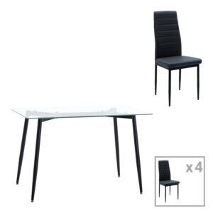 Dining table set of 5 pieces Quana-Parker pakoworld clear glass-black color leg 120x70x75cm