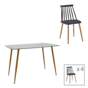 Dining table Chloe-Aurora I pakoworld set of 5 pieces glass 8mm anthracite - natural-black leg 120x70x75cm