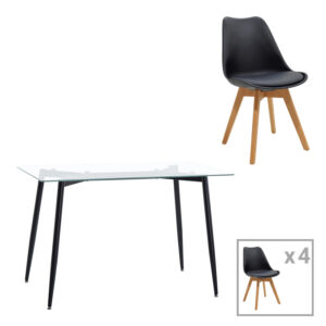 Quana-Gaston pakoworld dining table set of 5 pieces, 8mm transparent glass - black leg - black shade 120x70x75cm
