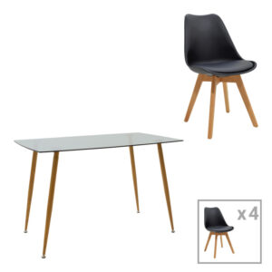 Chloe -Gaston pakoworld dining table set of 5 pieces, 8mm anthracite glass - natural leg 120x70x75cm