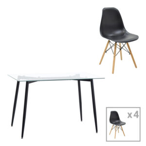 Quana-Julita dining table pakoworld set of 5 pieces glass 8mm transparent - black leg 120x70x75cm