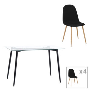 Dining table set of 5 pieces Quana-Bella pakoworld clear glass and black metal leg 120x70x75cm