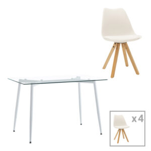 Quana-Caron pakoworld dining table set of 5 pieces glass 8mm transparent - white leg 120x70x75cm