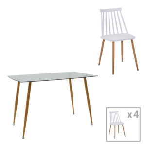 Dining table Chloe-Aurora I pakoworld set of 5 pieces glass 8mm anthracite - natural leg 120x70x75cm