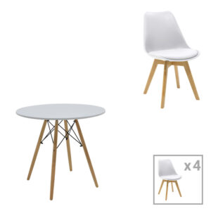 Julita-Gaston dining table set of 5 pakoworld MDF and beech wood in white-natural shade D80x73cm