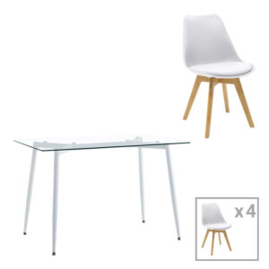 Quana-Gaston pakoworld dining table set of 5 pieces glass 8mm transparent - white 120x70x75cm