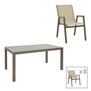 Lafla-Azelie dining table set of 9 pakoworld champagne aluminum and plywood in natural shade 160-240x90x75cm